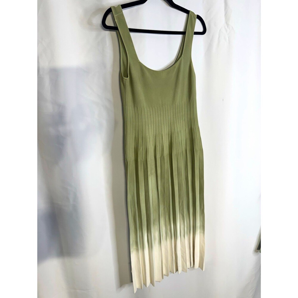 STAUD Green/White Colorblock Pleated Knit Sleeveless Scoop Neck Midi Dress L